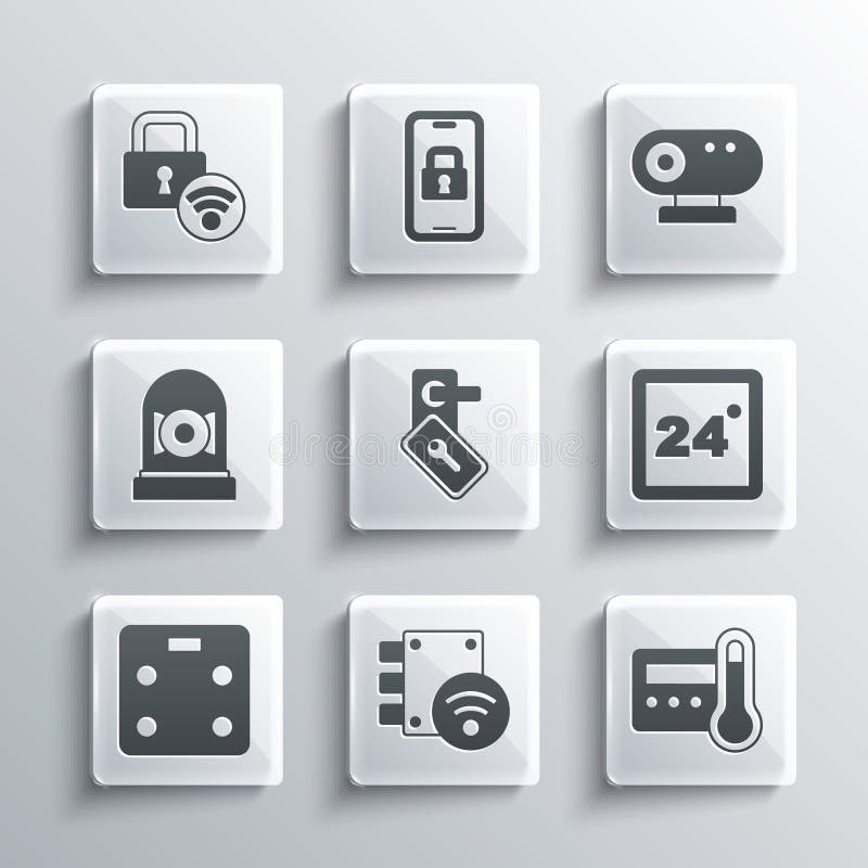 Set Digital door lock, Thermostat, Smart bathroom scales, Ringing alarm bell, and Web camera icon. Vector