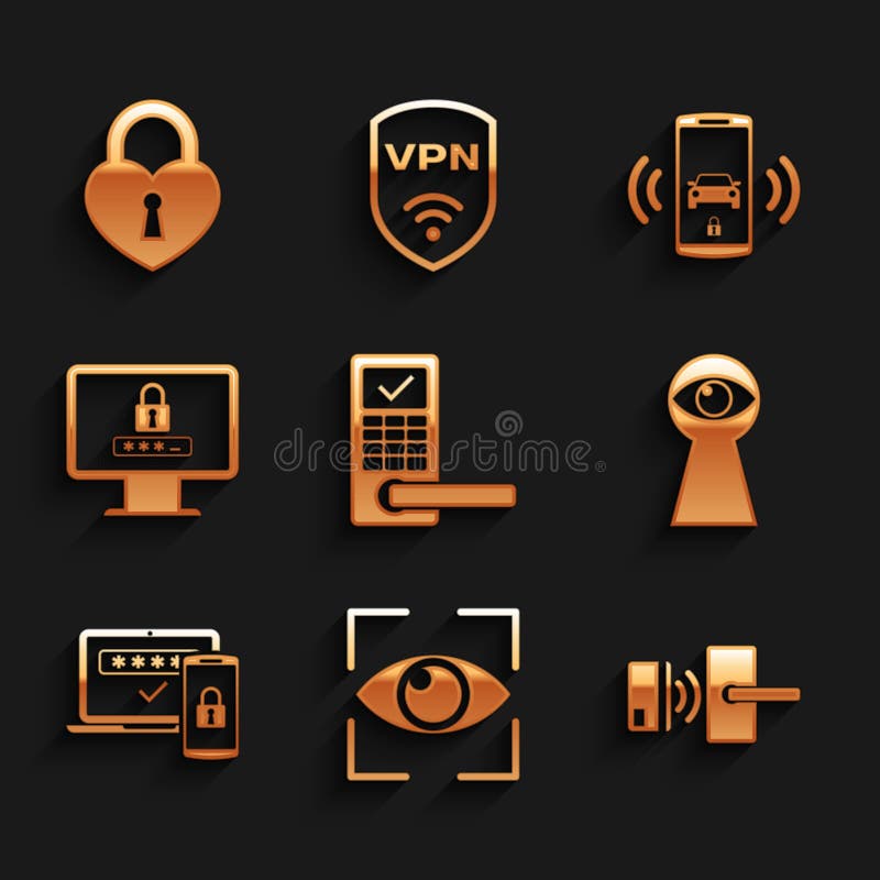 Set Digital door lock with wireless, Eye scan, , Keyhole eye, Two steps authentication and Monitor password icon. Vector stock illustration