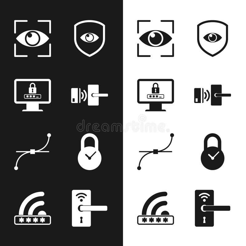 Set Digital door lock with wireless, Monitor password, Eye scan, Shield and eye, Bezier curve and Padlock clock icon vector illustration