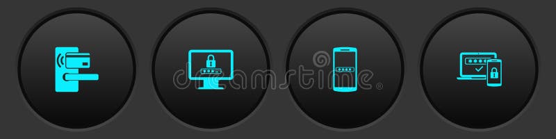 Set Digital door lock with wireless, Monitor password, Mobile and and Two steps authentication icon. Vector vector illustration