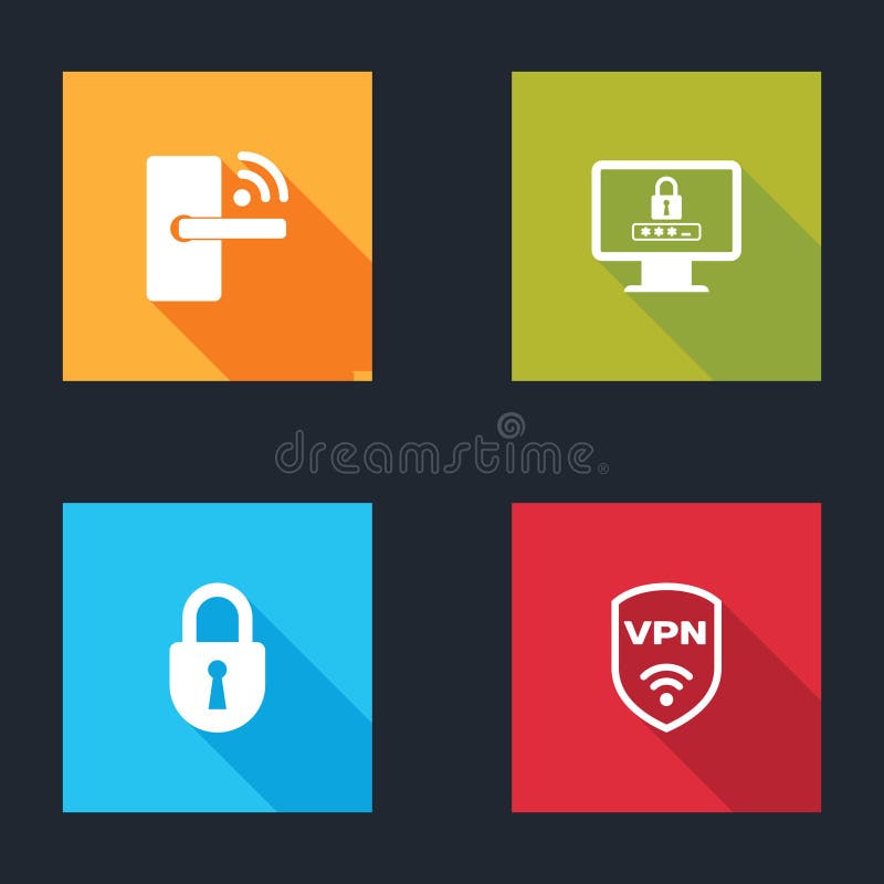 Set Digital door lock with wireless, Monitor password, Lock and Shield VPN icon. Vector royalty free illustration