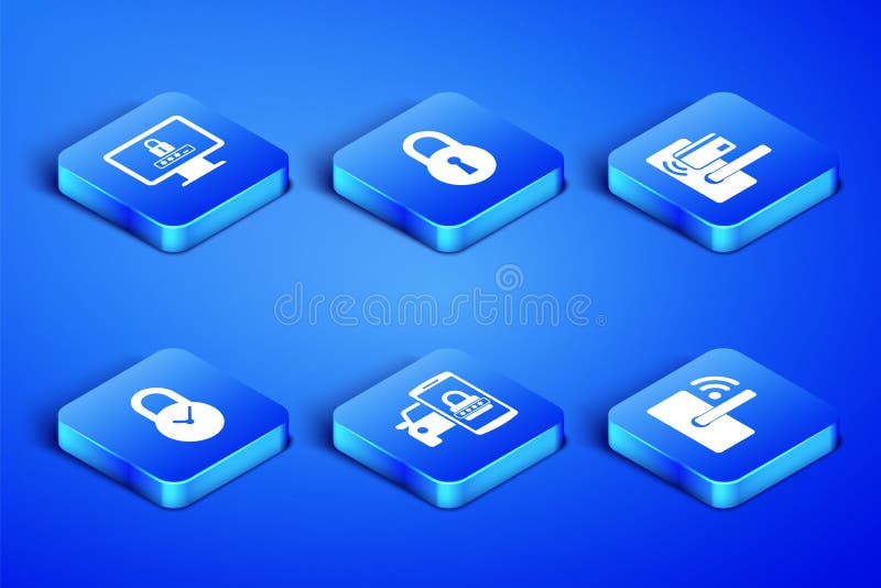 Set Digital door lock with wireless, Monitor password, Smart car security system, Padlock clock, Lock and icon. Vector stock illustration