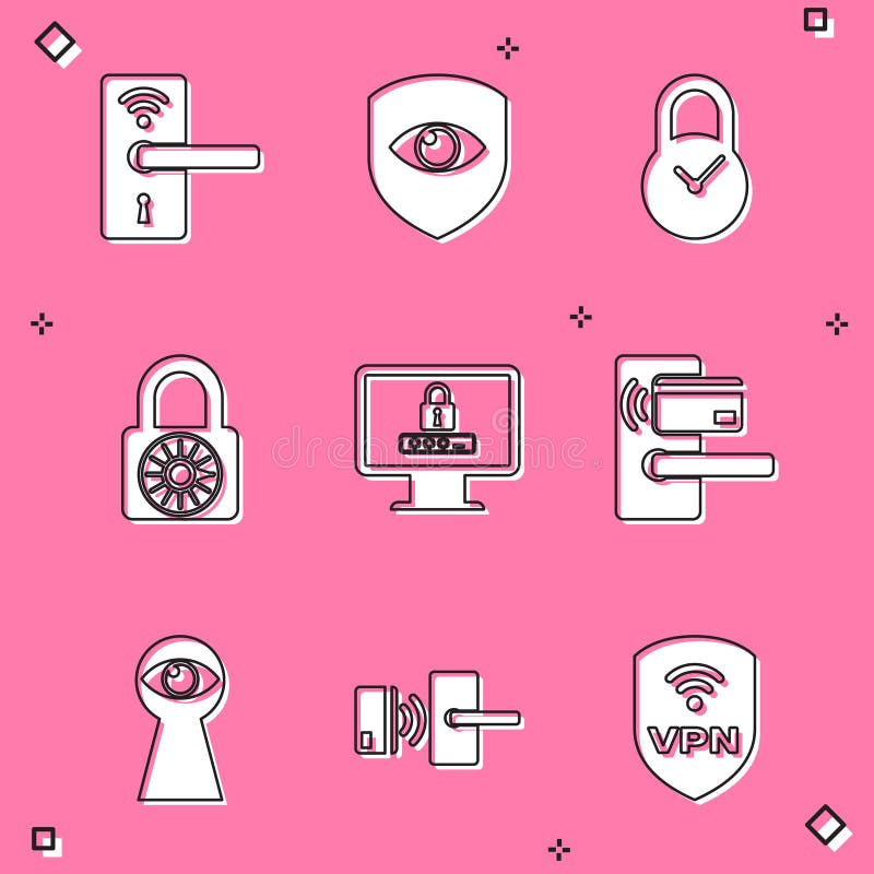 Set Digital door lock with wireless, Shield and eye, Padlock clock, Safe combination wheel, Monitor password and icon stock illustration