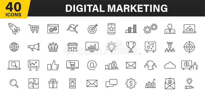 Set of 40 Digital Marketing web icons in line style. Social, networks, feedback, communication, marketing, ecommerce. Vector stock illustration