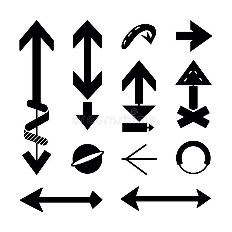 Set of directional arrows with simple and complex shapes. Black and white set of arrows of different directions and royalty free illustration