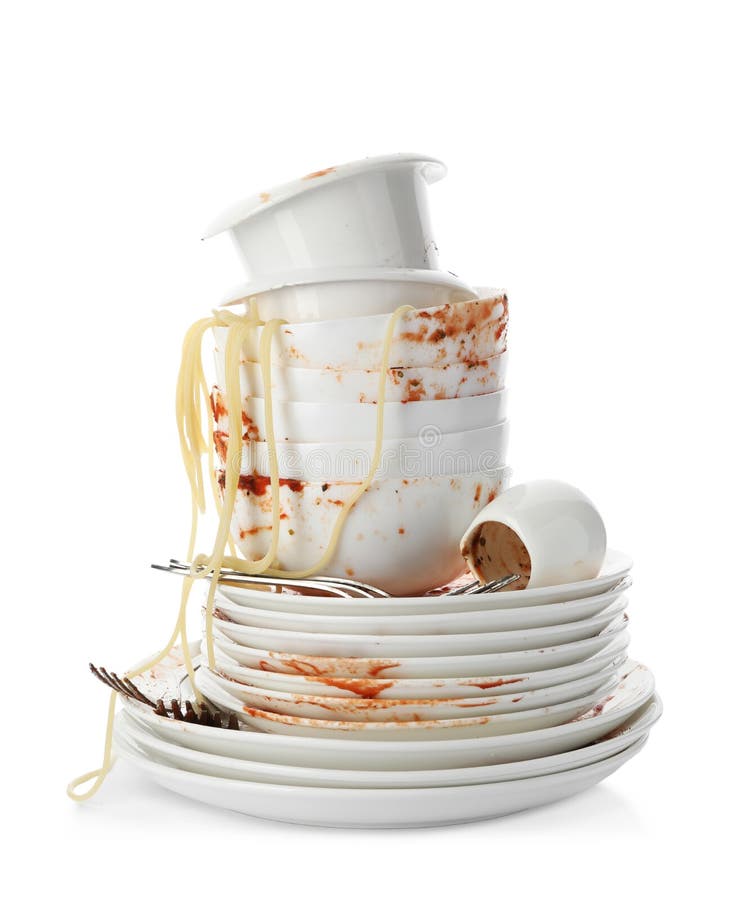 Set of dirty dishes with spaghetti leftovers on white royalty free stock photo Set of dirty dishes with spaghetti leftovers on white royalty free stock photo