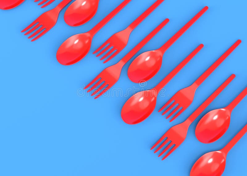 Set of Disposable Utensils Like Spoon, Fork and Knife on Blue Background. Stock Illustration