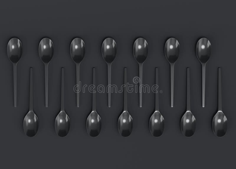Set of Disposable Utensils Like Spoon on Monochrome Black Background