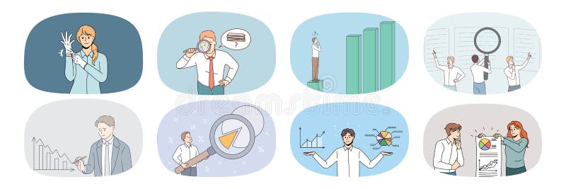 set-of-diverse-people-work-with-diagrams-and-charts-stock-vector