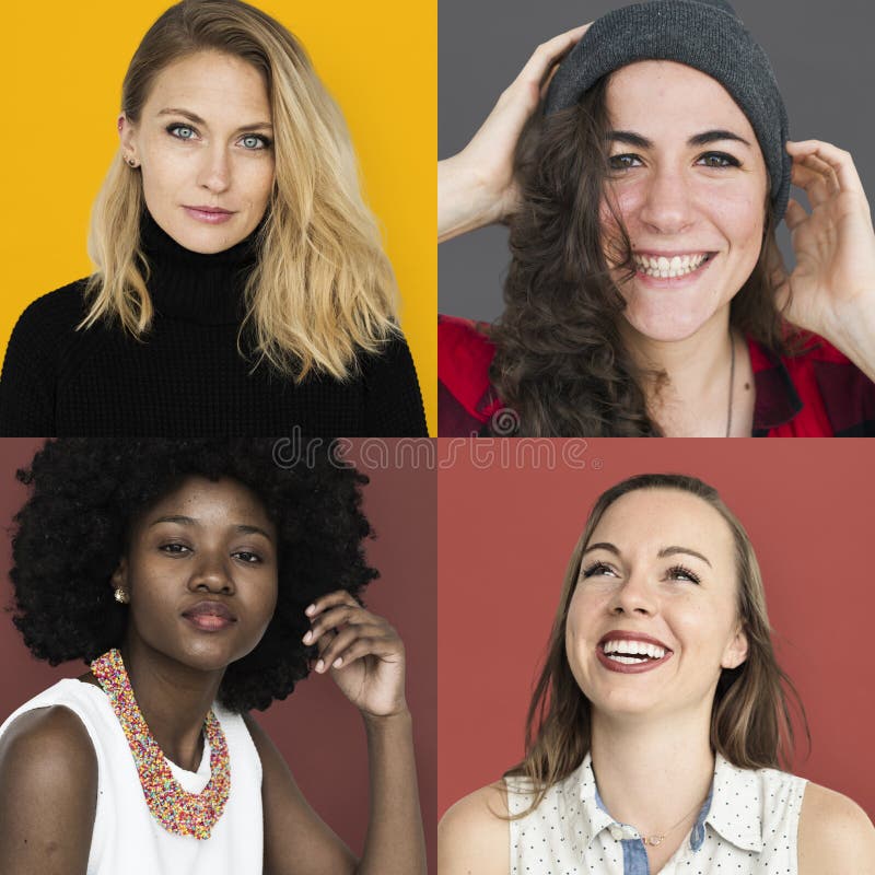 Set of Diversity Women Face Expression Lifestyle Studio Collage royalty free stock photos