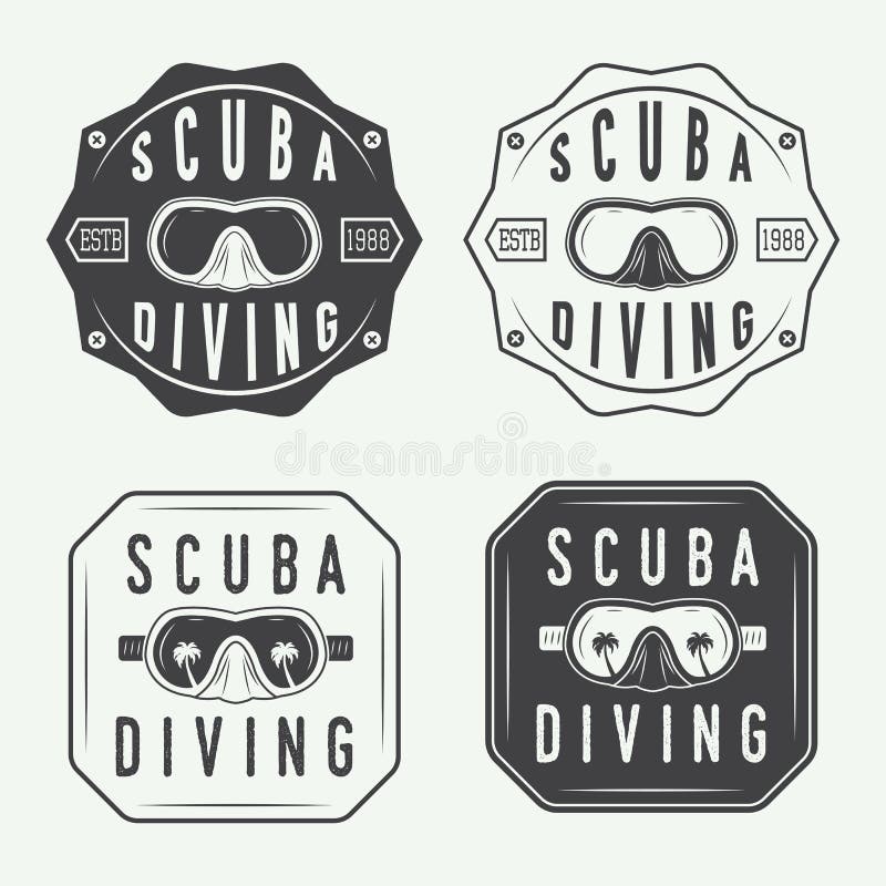 Set of diving logos, labels and slogans in vintage style.