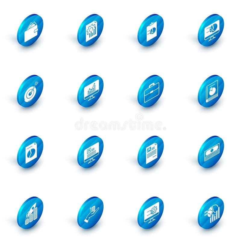 Set Document with graph chart, Clipboard, Computer monitor, Target, User manual and Briefcase icon. Vector