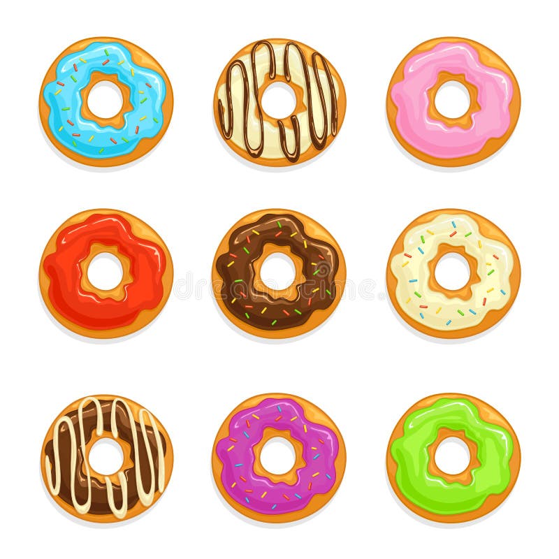 Set donuts z czekoladą i barwiącym glazerunkiem ilustracji Set donuts z czekoladą i barwiącym glazerunkiem ilustracji