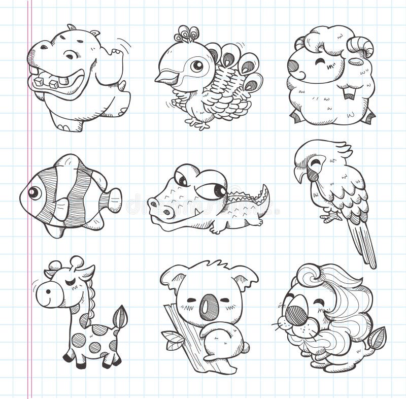 Set of doodle animal icons,cartoon vector illustration. Tropical animal icons vectors