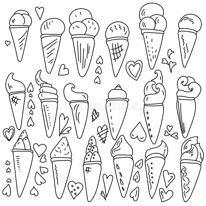 Set Of Doodle Ice Cream Cones With Curled Tops Coloring Page With Cold Desserts And Hearts Stock Vector Illustration Of Frozen Cute 203863598