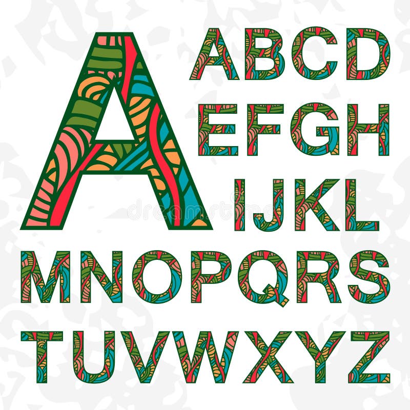 Set of Doodle Letters with Abstract Pattern on Them. Stock Vector