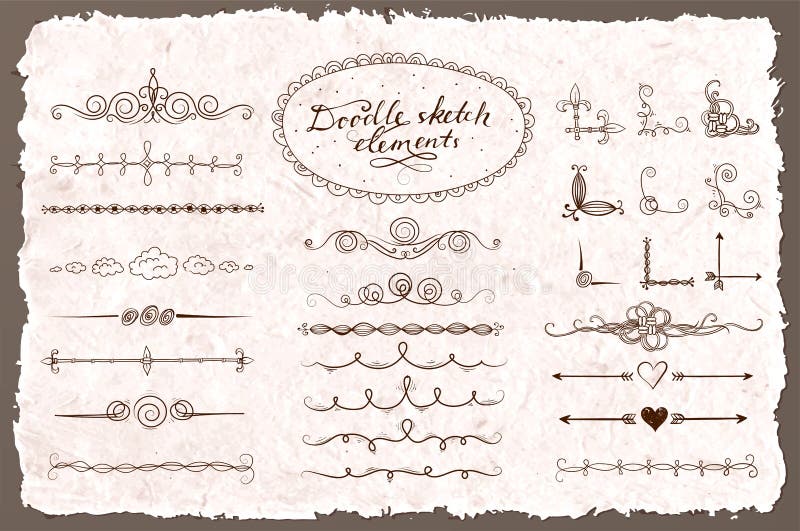 Set of doodle sketch decorative dividers, corners, text frames and borders on white background. Vector illustration.