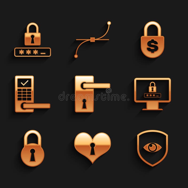Set Door handle, Heart with keyhole, Shield eye, Monitor password, Lock and Digital door lock wireless icon. Vector vector illustration