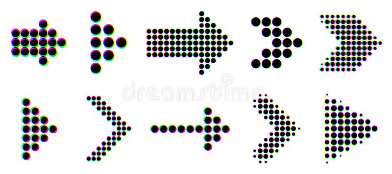 Set of dotted arrow icons with glitch effect stock illustration