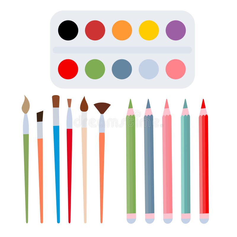 Set for Drawing Multicolored Paints, Pencils and Brushes. Vector