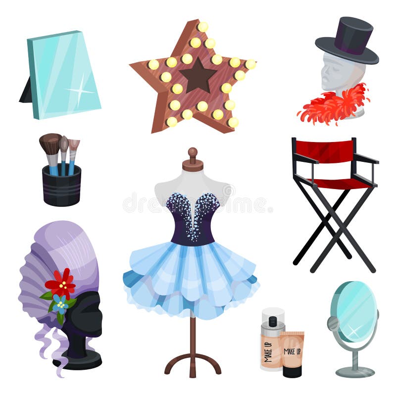 Flat Vector Set of Dressing Room Icons. Dress on Mannequin, Table Mirrors,  Elements of Costumes, Makeup Cosmetic Stock Vector - Illustration of  female, head: 138032685