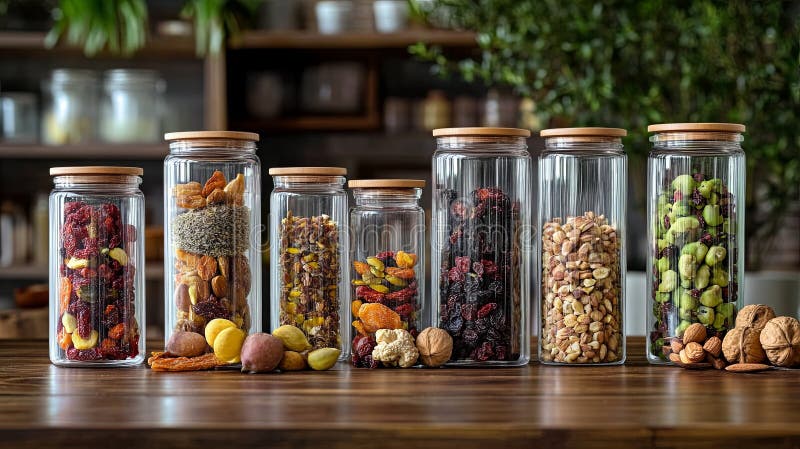 A set of dried fruits and nuts in clear jars on a wooden table pic stock photography