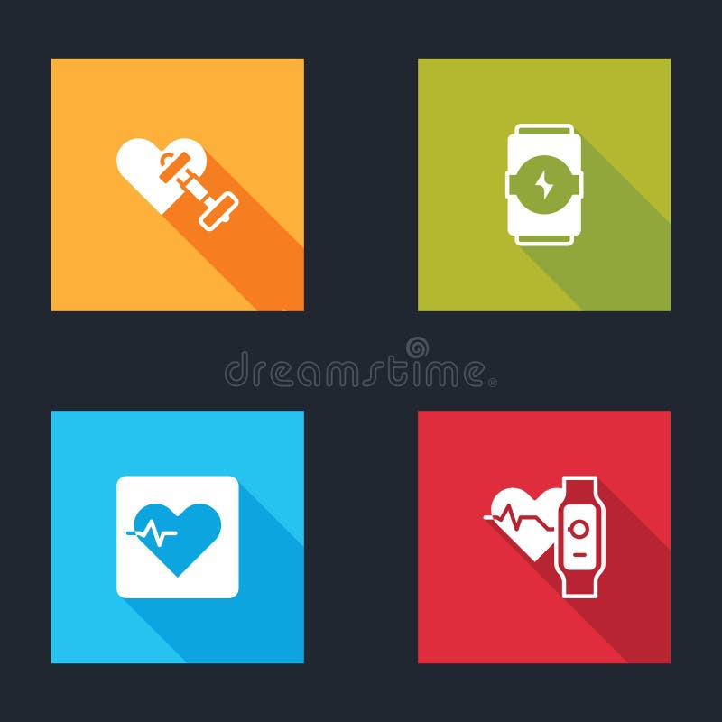 Set Dumbbell with Heart, Energy Drink, Heart Rate and Smart Watch Icon. Vector Stock Vector
