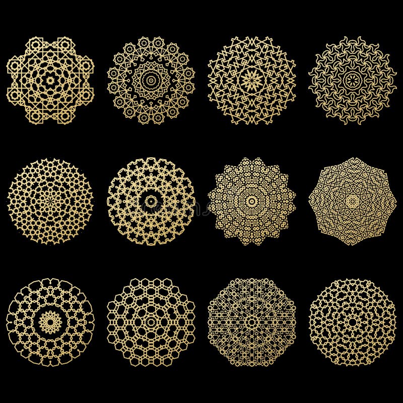 Set dwanaście złocistych mandalas Geometryczny okręgu języka arabskiego element ilustracji