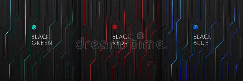 Set of dynamic green, blue and red light on black metallic cyber geometric design in circuit style. Modern technology futuristic vector illustration