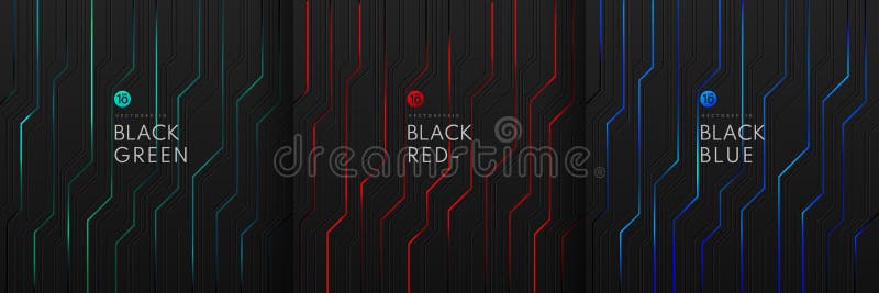 Set of dynamic green, blue and red light on black metallic cyber geometric design in circuit style. Modern technology futuristic stock illustration