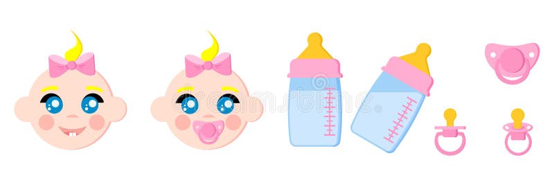 Set dziecko stawia czoło ikony, dziecko butelki z mlekiem, pacyfikatoru dziecka atrapy, sutka termometr, nibbler royalty ilustracja Set dziecko stawia czoło ikony, dziecko butelki z mlekiem, pacyfikatoru dziecka atrapy, sutka termometr, nibbler royalty ilustracja
