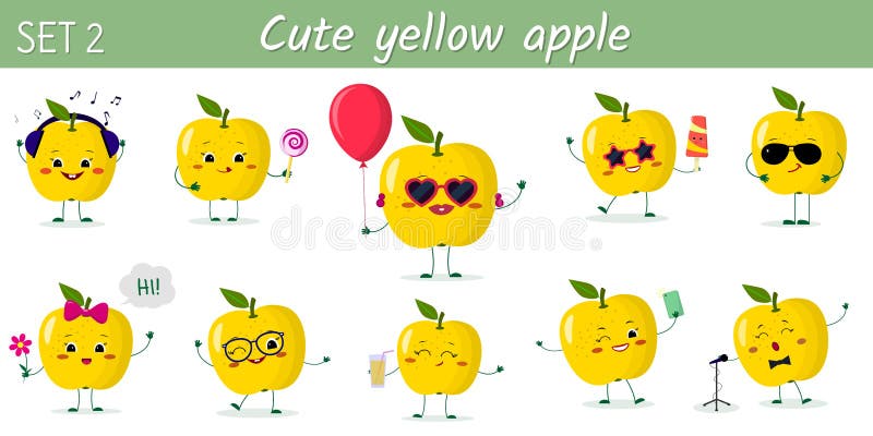 Set dziesięć ślicznego kawaii jabłek żółtych charakterów w różnorodnych pozach i akcesoria w kreskówce projektujemy Wektorowa ilu royalty ilustracja Set dziesięć ślicznego kawaii jabłek żółtych charakterów w różnorodnych pozach i akcesoria w kreskówce projektujemy Wektorowa ilu royalty ilustracja