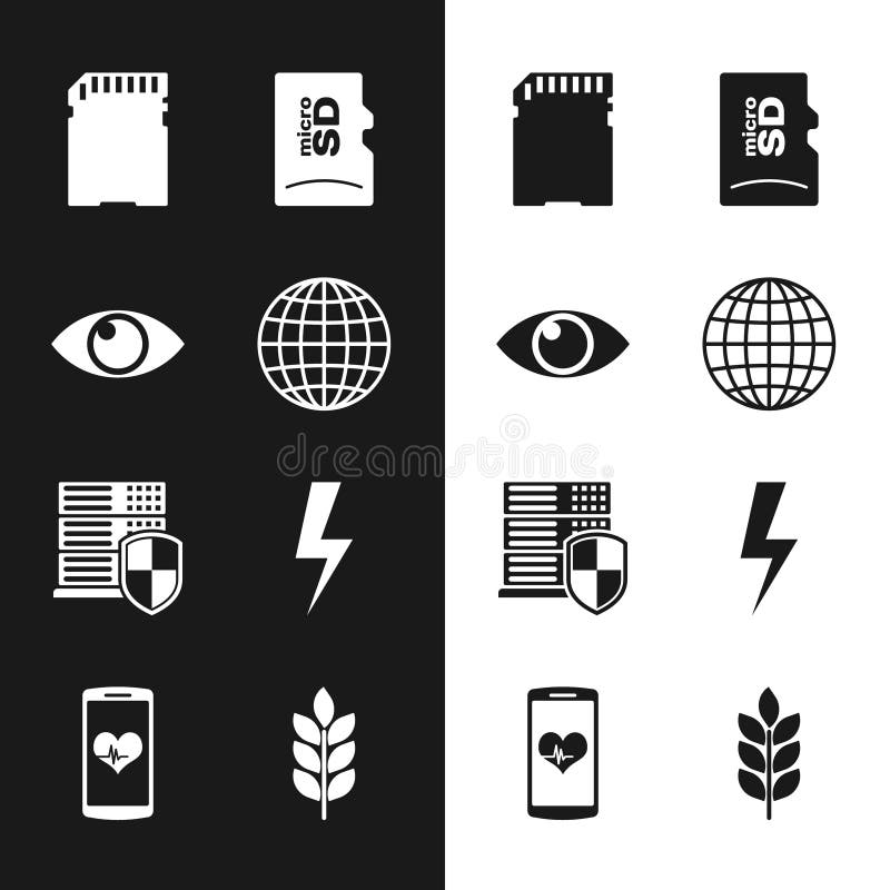 Set Earth globe, Eye, SD card, Micro memory, Server with shield and Lightning bolt icon. Vector vector illustration
