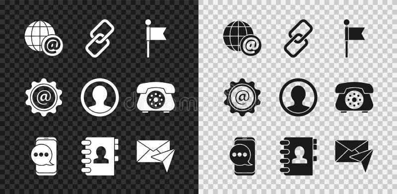 Set Earth globe with mail, Chain link, Location marker, Chat messages notification phone, Address book, Envelope, Mail royalty free illustration