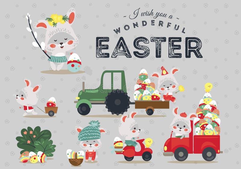 Set of Easter bunny drive car with truck, decorated eggs hunter holding full basket, cute white rabbit auto driver hunting, happy holiday vector greeting card, spring hare isolated illustration.