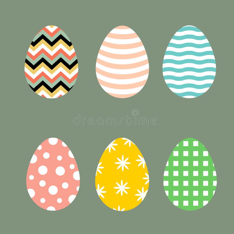 Set of Easter eggs with various patterns chevron waves floral checkered polka dots in pastel retro colors on gray background royalty free illustration