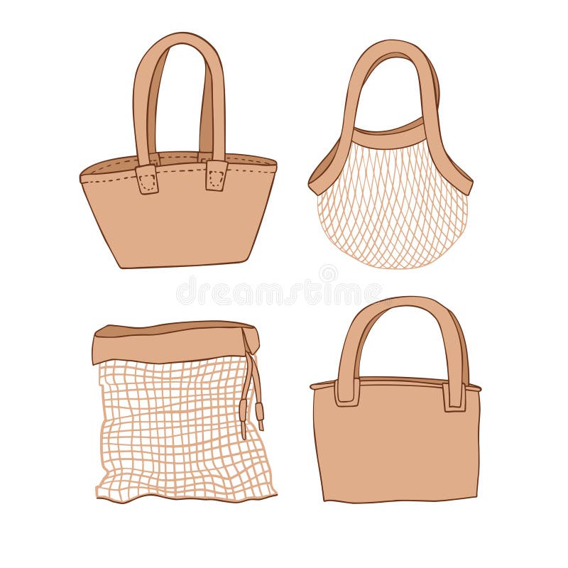 Set of Eco Bags in Hand Draw Cartoon Style, Isolated on White Background.  Ecology Environment Grocery Shopping Bag Stock Vector - Illustration of  plastic, reuse: 170883582