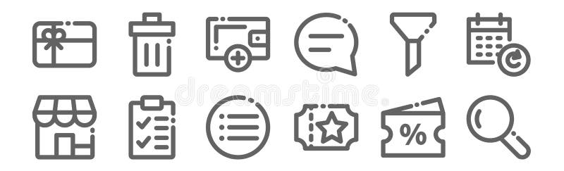 Set of 12 ecommerce basic icons. outline thin line icons such as search, voucher, tasks, filter, wallet, delete royalty free illustration