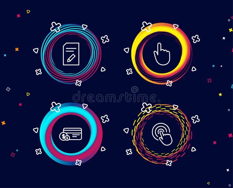 Set of Edit document, Hand click and Payment method icons. Click sign. Page with pencil, Location pointer, Cash or non-cash payment. Cursor pointer. Circle banners with line icons. Vector