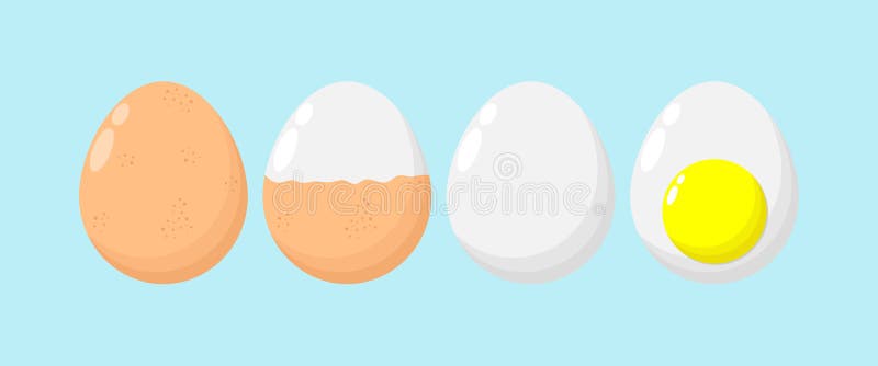 Set Of Eggs boiled eggs, half peeled, peeled, sliced, Funny cartoon Cute chicken egg , healthy food concept, icon comic character vector illustration
