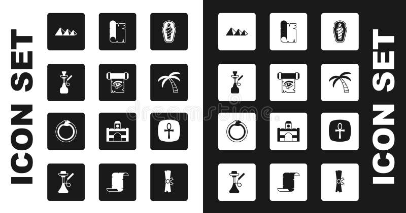 Set egipt mumie în sarcofag ochi de horus pe papyrus scroll hookah piramide tropicale palmier pomul papirus vector illustration