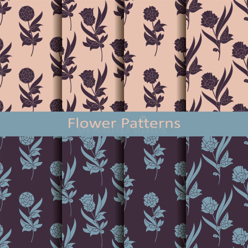 Set of eight seamless vector pattern with vintage flowers. seamless template in swatch panel. design for print, textil royalty free illustration Set of eight seamless vector pattern with vintage flowers. seamless template in swatch panel. design for print, textil royalty free illustration