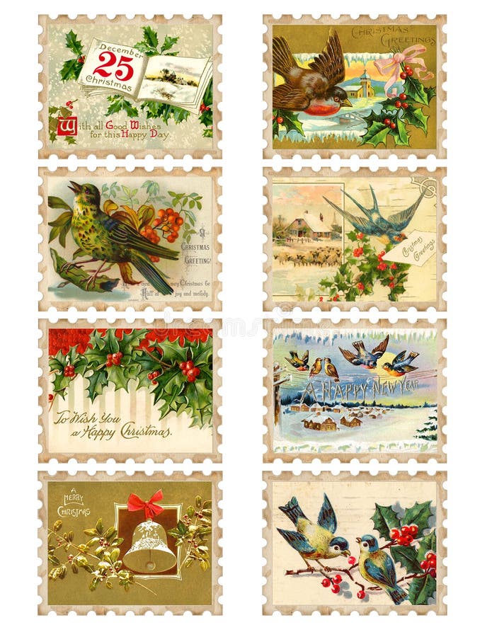 A set of eight faux vintage Christmas bird and holly stamps based on antique postcards. A set of eight faux vintage Christmas bird and holly stamps based on antique postcards.