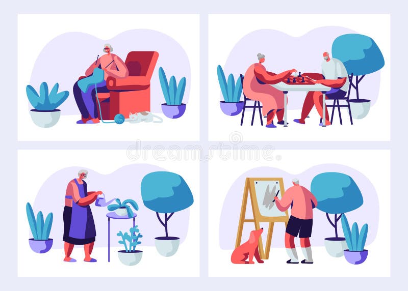Set of Elderly Characters Having Hobby and Leisure Fun. Male and Female Senior People Spending Time in Nursing Home vector illustration Set of Elderly Characters Having Hobby and Leisure Fun. Male and Female Senior People Spending Time in Nursing Home vector illustration