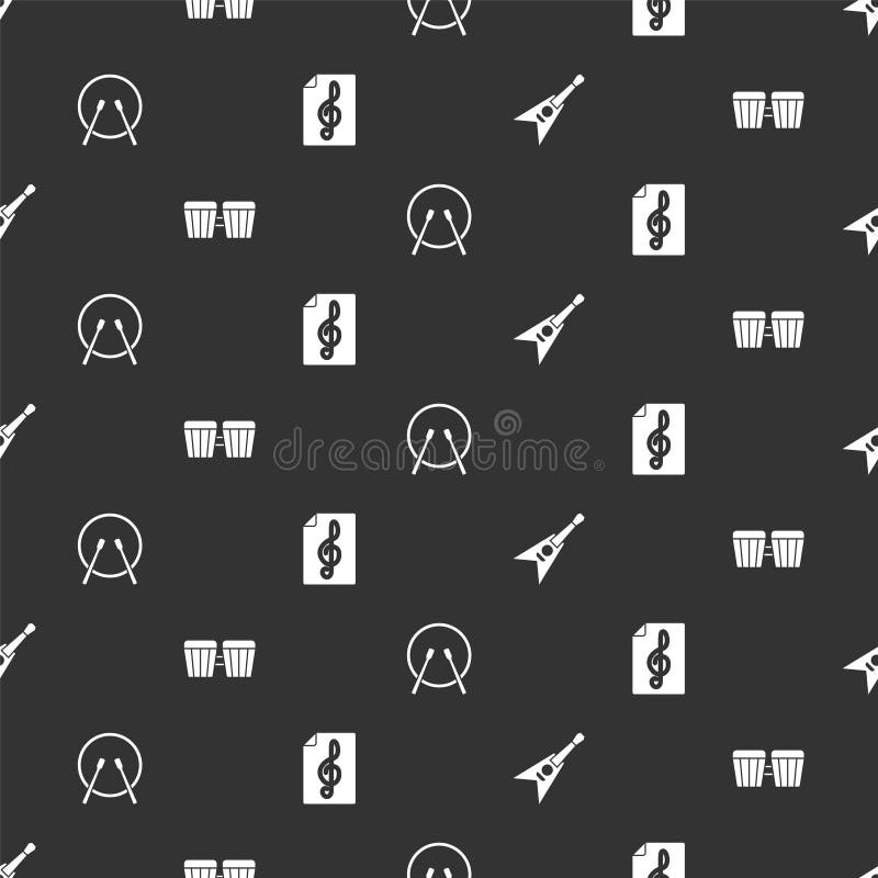 Set Electric Bass Guitar, Drum, and Drum Sticks and Treble Clef on