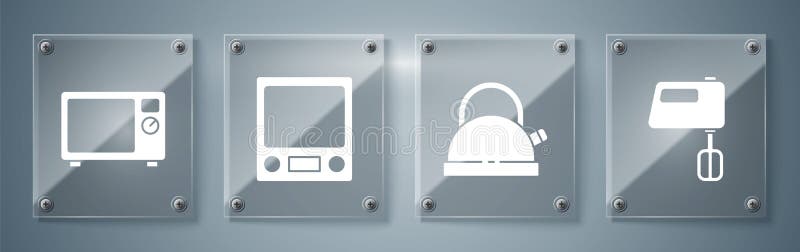 Set Electric mixer, Kettle with handle, Electronic scales and Microwave oven. Square glass panels. Vector vector illustration