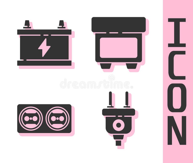 Set Electric Plug, Car Battery, Electrical Outlet and Fuse Icon. Vector