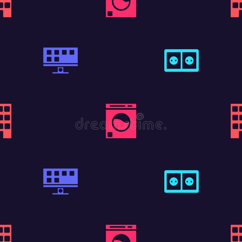 Set Electrical Outlet, Smart Tv, Washer and House on Seamless Pattern