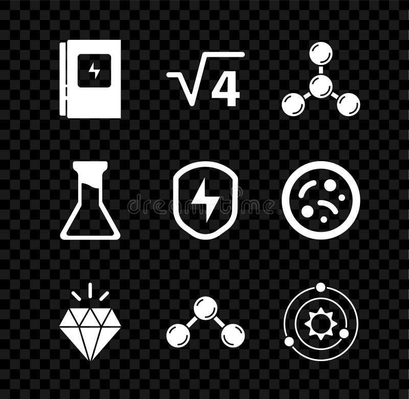 Set Electrical panel, Square root of 4 glyph, Molecule, Diamond, Solar system, Test tube and flask and Secure shield vector illustration
