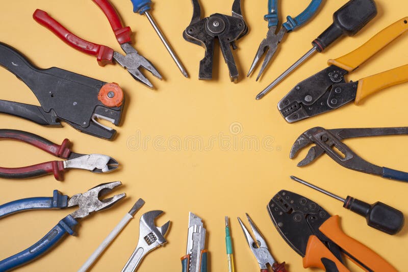 Set of Electrical Tool on Wooden Background. Accessories for Engineering Work, Energy Concept